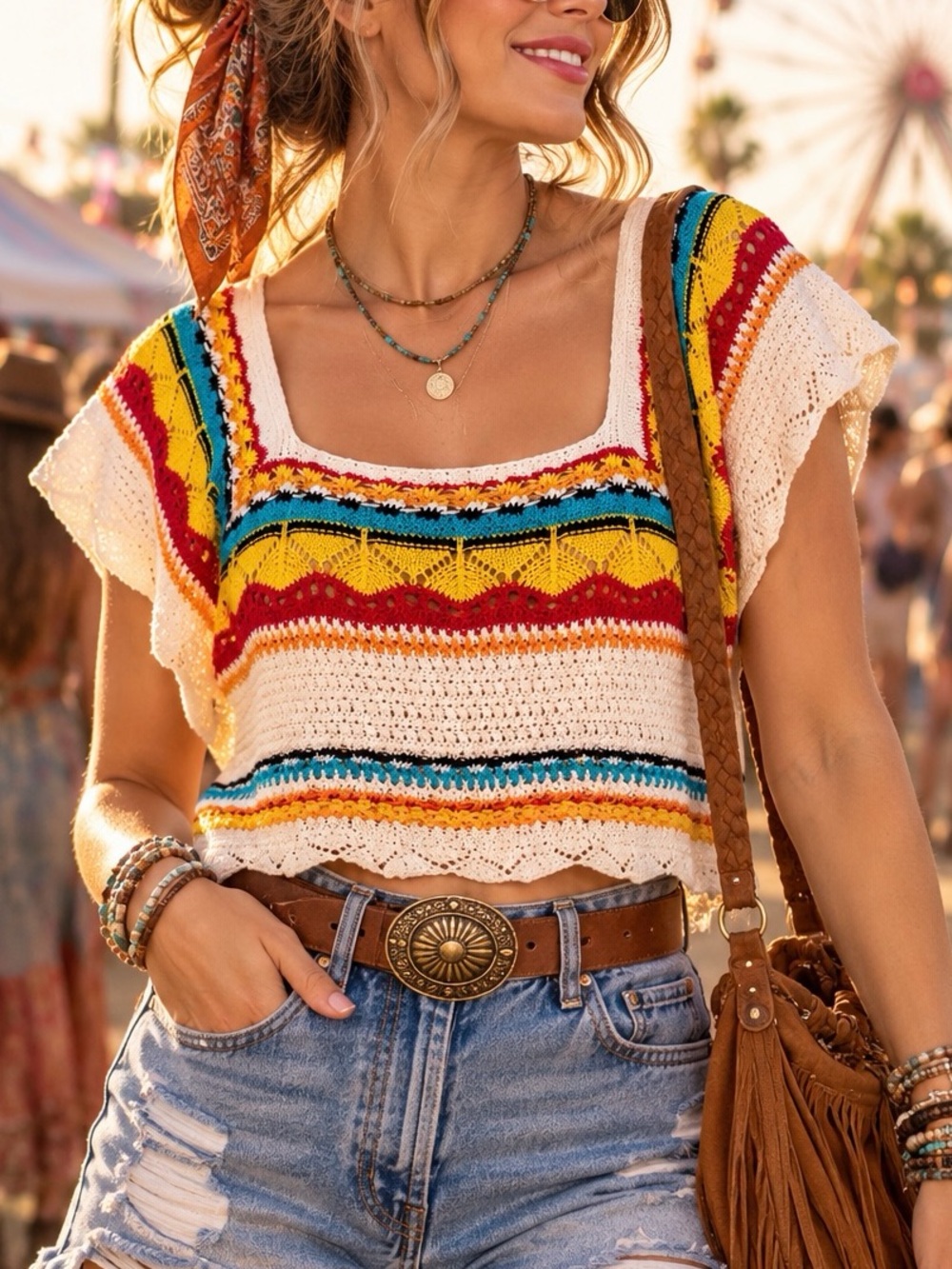 POL Crochet Crop Top Multicolor Boho Festival Flutter Sleeve Medium